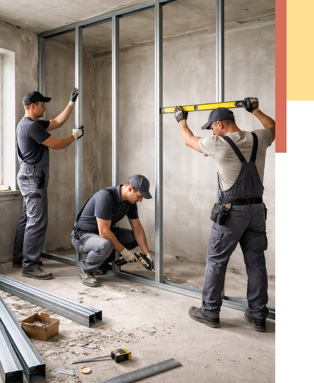 Монтаж каркаса перегородки из профиля в чернушке от 762 руб. | ОТДЕЛОЧНИК-Чрш