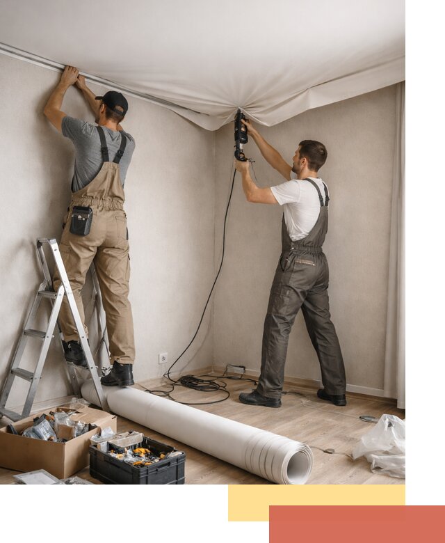 Монтаж цветного натяжного потолка в чернушке за один день