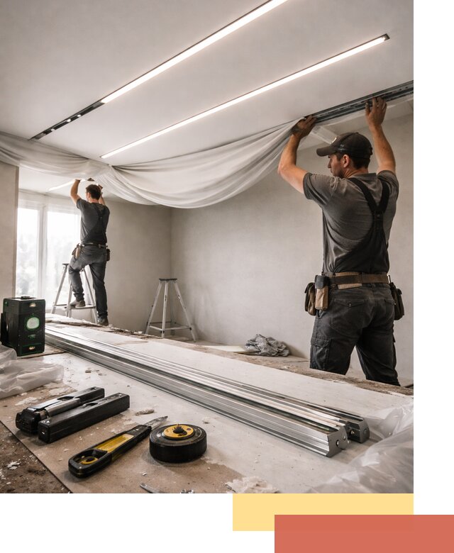 Монтаж натяжных потолков со световыми линиями в чернушке