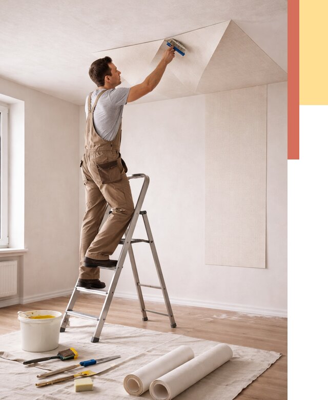 Поклейка обоев на потолок в чернушке от 4570 руб. быстро и недорого | ОТДЕЛОЧНИК-Чрш